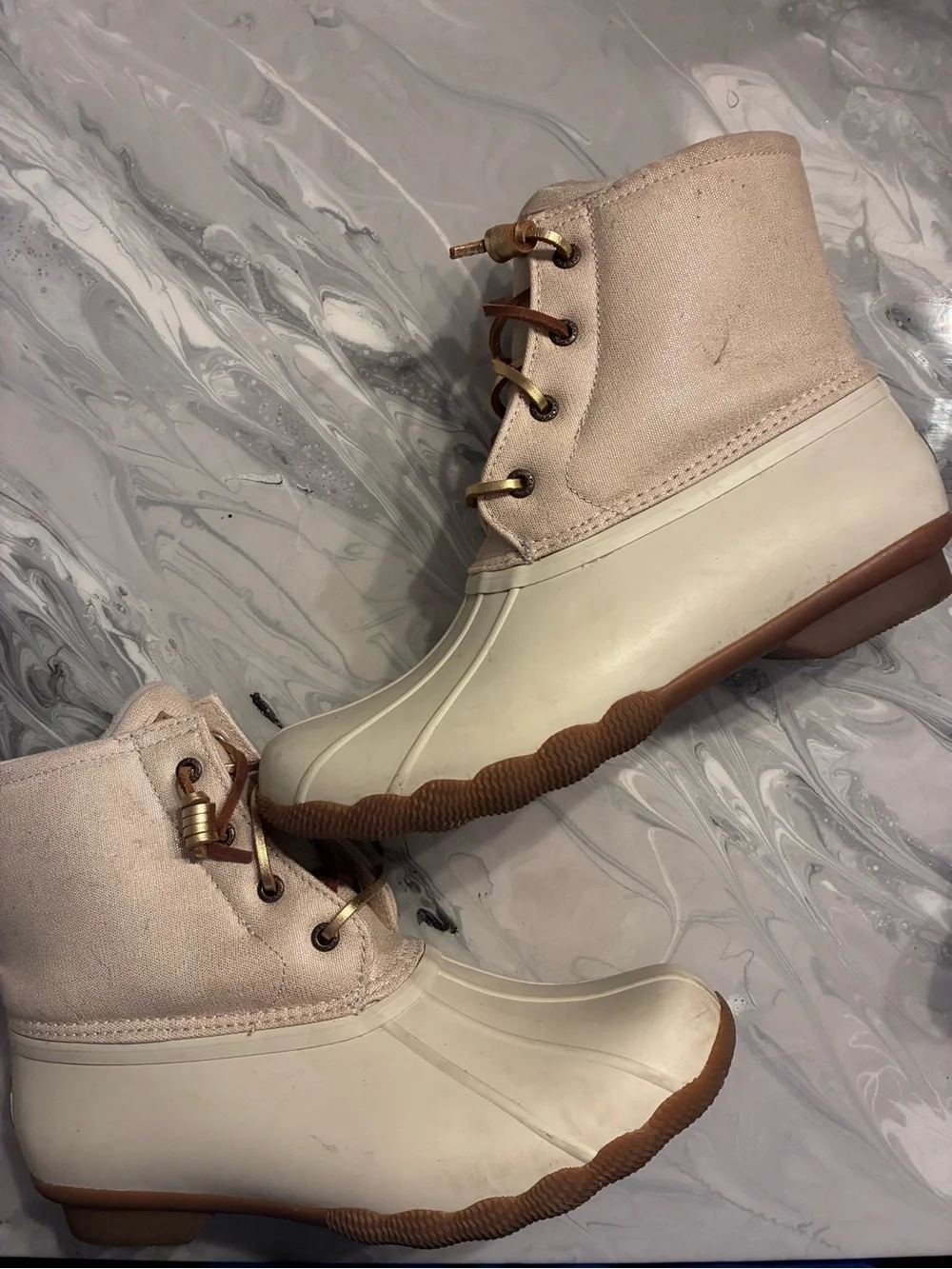Women's Sperry Cream Gold Glitter Duck Boots with Brown Sole